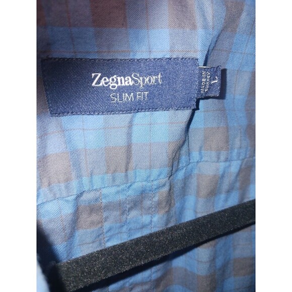 Zegna‎ Sport Mens Large Blue Grey Check Slim Fit Button Down Long Sleeve Cotton - Picture 2 of 8